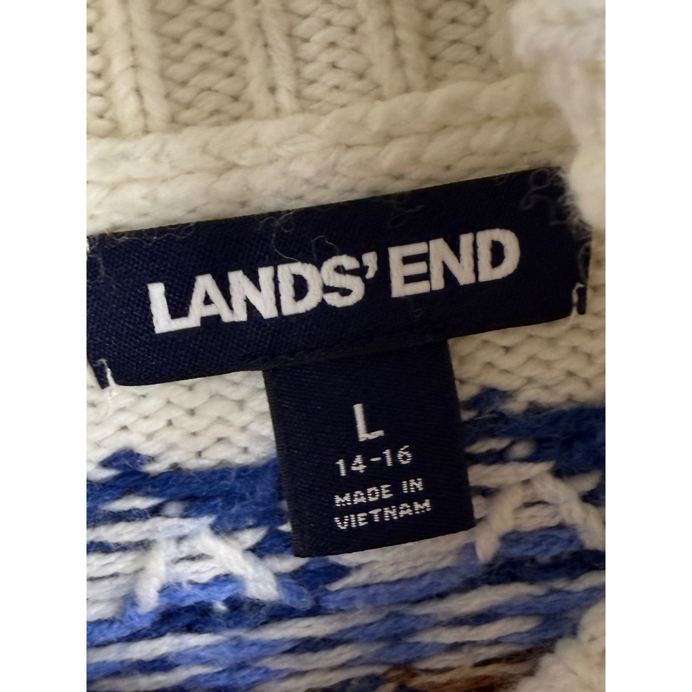 Lands End Fair Isle Turtleneck Sweater Ivory Blue Cotton Blend L 14-16 Nordic - Picture 4 of 10